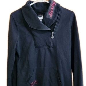 Vtg Harley Davidson Women's Sweatshirt High Neck 1/4 Zip Embroidered Med Black